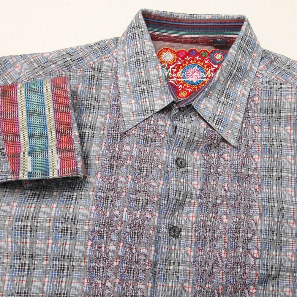 Robert Graham Shirt Mens Large Gray Plaid Embroidered Rope Flip Cuff